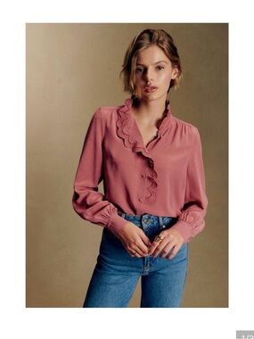 Sezane Rose Pink Scalloped Ruffle Blouse